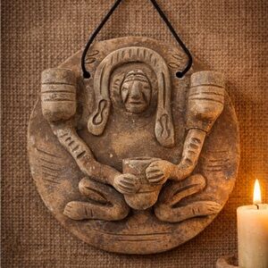 Vintage Terracotta Pre-Columbian Style Wall Plaque Folk Art 6” Primitive Relief